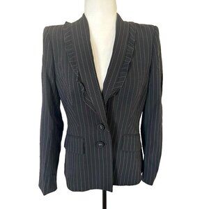 ESCADA Blazer Size 8 US 100% Wool Black Purple Pinstripe Ruffle Lapel Detail